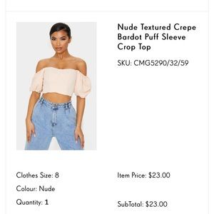 Nude Textured Crepe Bardot Puff Sleeve Crop Top